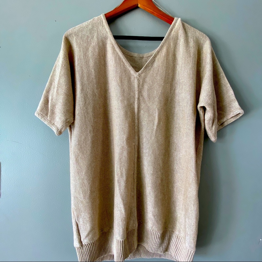 Talbots Women's Tan Metallic Linen Blend Short Sleeve Blouse Size Large